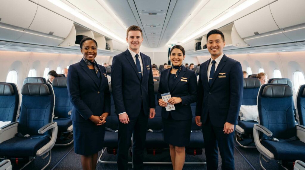 Équipage cabin crew en uniforme dans la cabine d'un avion