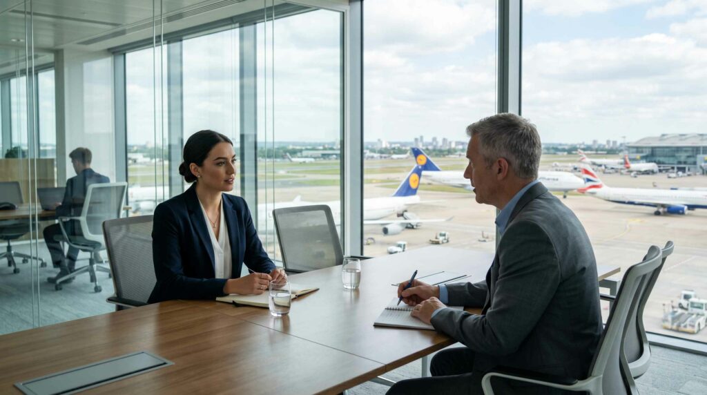 Candidate hôtesse de l'air en entretien de recrutement avec vue sur l'aéroport