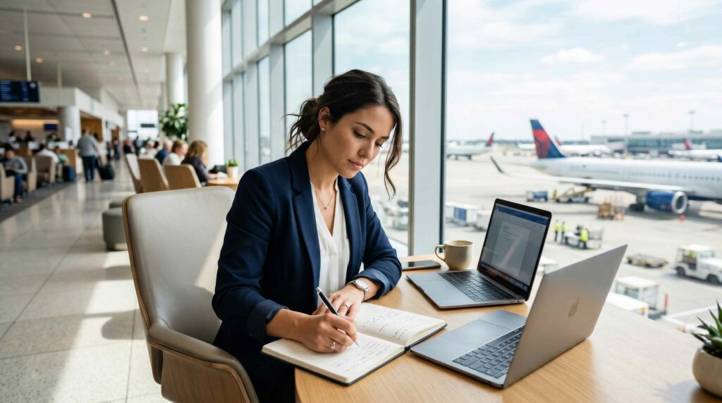 Future hôtesse de l'air préparant son entretien de recrutement en anglais avec vue sur l'aéroport